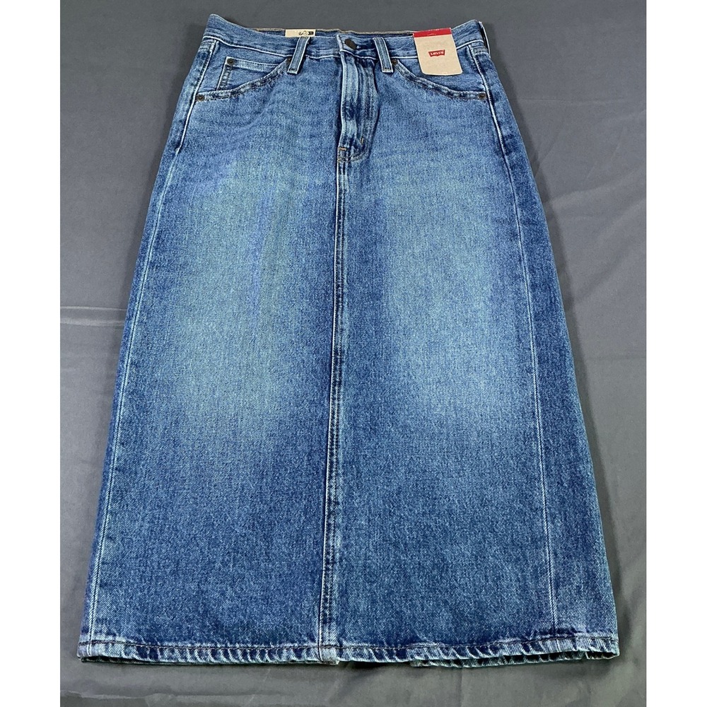 Levis Denim Midi Skirt Womens 27 Medium Wash High Rise Straight Back Vent US 4